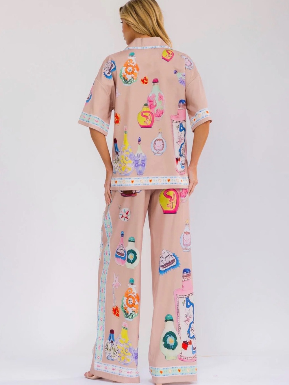 Boutique Perfume Print Button-Up & Wide-Leg Pants 2-Peice Set - Picture 4 of 8